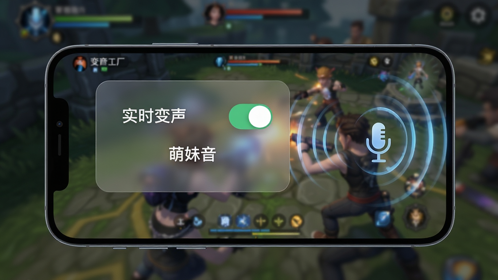 变声工厂实时变声功能展示,画面中一部手机横屏运行游戏,屏幕上方悬浮着变声工厂的悬浮窗,悬浮窗内显示“实时变声”开关和当前音效“萌妹音”,手机旁边有声音波纹从麦克风图标向外扩散,背景为游戏战斗场景虚化,风格为科技感写实,细节包括悬浮窗的半透明质感和波纹的动态效果,画质高清,干净,无多余元素