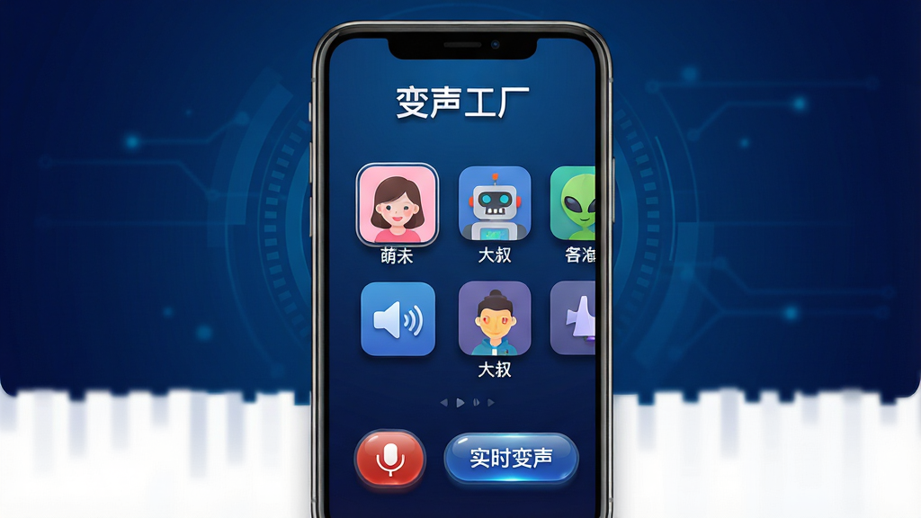 变声工厂软件主界面展示,画面中央是手机屏幕,屏幕内显示变声工厂APP的首页,顶部有“变声工厂”文字标识,中间排列着萌妹、大叔、机器人、外星人等多种音效图标,底部有录音和实时变声按钮,背景为深蓝色科技感渐变,布局简洁清晰,风格为扁平化UI设计,细节包括图标阴影和按钮光泽,画质高清,干净,无多余元素