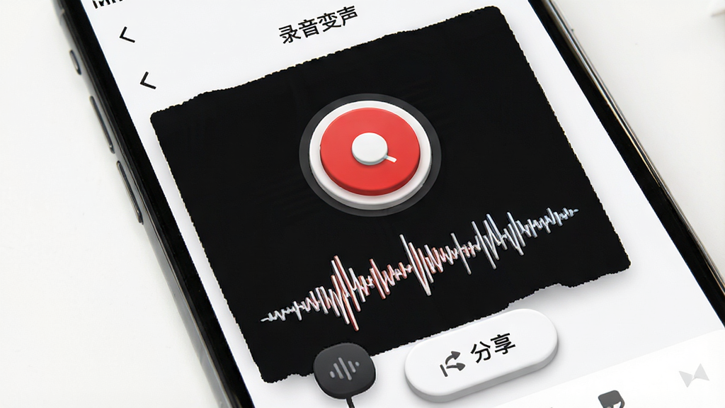 变声工厂录音分享功能展示,画面为手机屏幕,屏幕内是变声工厂的录音界面,中央有红色的录音按钮,下方显示音频波形,顶部有“录音变声”标题,底部有分享按钮图标,背景为白色,风格为极简清新,细节包括波形的动态起伏和按钮的立体感,画质高清,干净,无多余元素