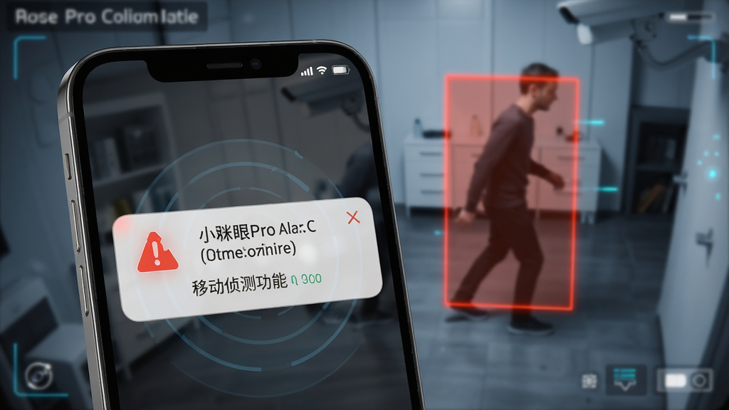 小眯眼Pro移动侦测功能示意图,画面中手机屏幕弹出报警通知,背景是监控画面中有人影移动被标记,布局清晰,风格科技感,细节精致,画质高清,干净无多余元素