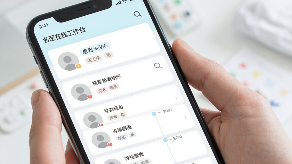 名医在线工作台患者档案管理界面,手机屏幕内展示患者列表与病史时间轴,布局采用卡片式纵向排列,风格清新浅色,细节包含头像占位符、标签分类、搜索放大镜图标,画质柔和干净,无多余元素