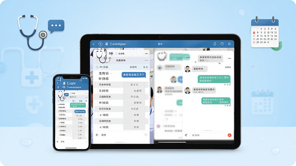 名医在线工作台软件主界面展示,画面中央放置一部智能手机和一台平板电脑,屏幕内显示医生排班列表与患者咨询对话框,背景为浅蓝色渐变医疗风格,布局采用居中对称排版,风格简洁商务,细节包含听诊器图标、消息气泡、日历插件,画质清晰干净,无多余元素
