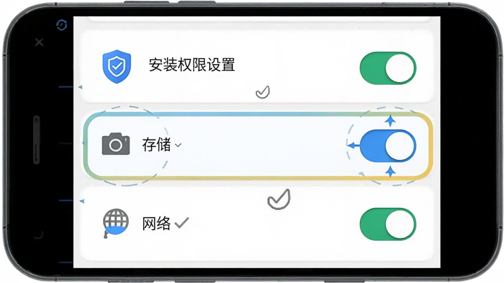 名医在线工作台安装权限设置示意图,手机屏幕显示安卓系统权限管理页面,高亮标注相机、存储、网络三项权限开关,布局采用纵向列表排版,风格简洁明快,细节包含盾牌安全图标、对勾标记,画质清晰干净,无多余元素
