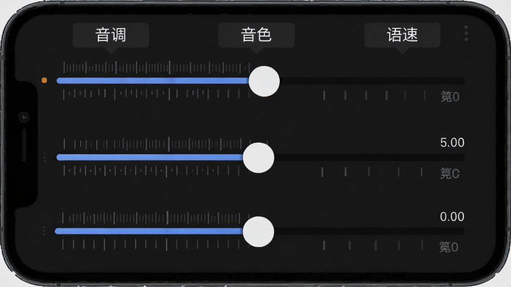 免费一键变声器音频调节滑块操作图,主体为手机界面显示三个横向调节滑块,布局上方为音调、音色、语速标签,排版简洁,风格为深色模式UI,细节包含滑块上的精细刻度线和数值显示,画质高清,干净,无多余元素