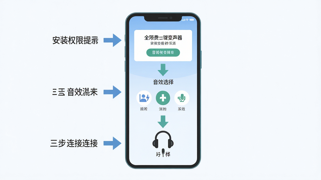 免费一键变声器安卓手机操作步骤示意图,主体为手机屏幕显示三步操作流程,布局从上到下依次为安装权限提示、音效选择界面、耳机连接图标,排版竖向排列,风格为简约扁平插画,细节包含箭头引导和文字标注,画质高清,干净,无多余元素