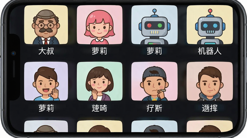 免费一键变声器音效选择界面截图风格图,主体为手机屏幕展示网格排列的声音角色头像,布局为四列多行图标矩阵,排版整齐,风格为扁平化卡通设计,细节包含每个图标下方的音效名称文字如“大叔”“萝莉”“机器人”,画质清晰,干净,无多余元素
