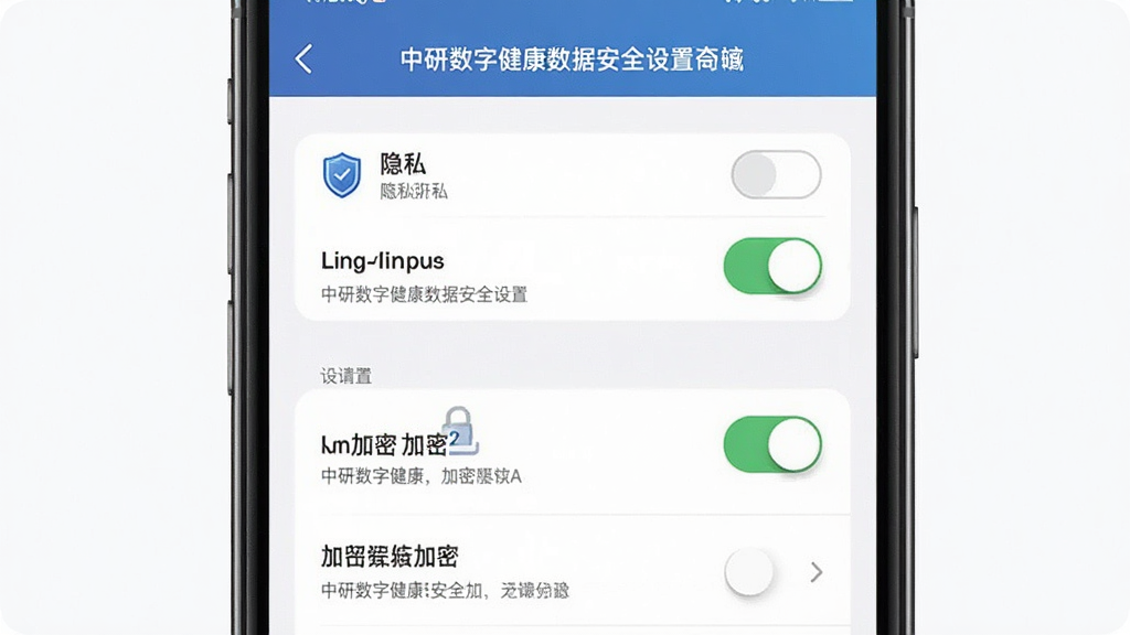 中研数字健康数据安全设置界面,画面展示手机屏幕内隐私开关与加密标识,主体为设置选项列表,布局居中,排版简洁,风格商务简约,细节包含盾牌图标、开关按钮、说明文字,画质高清,干净,无多余元素