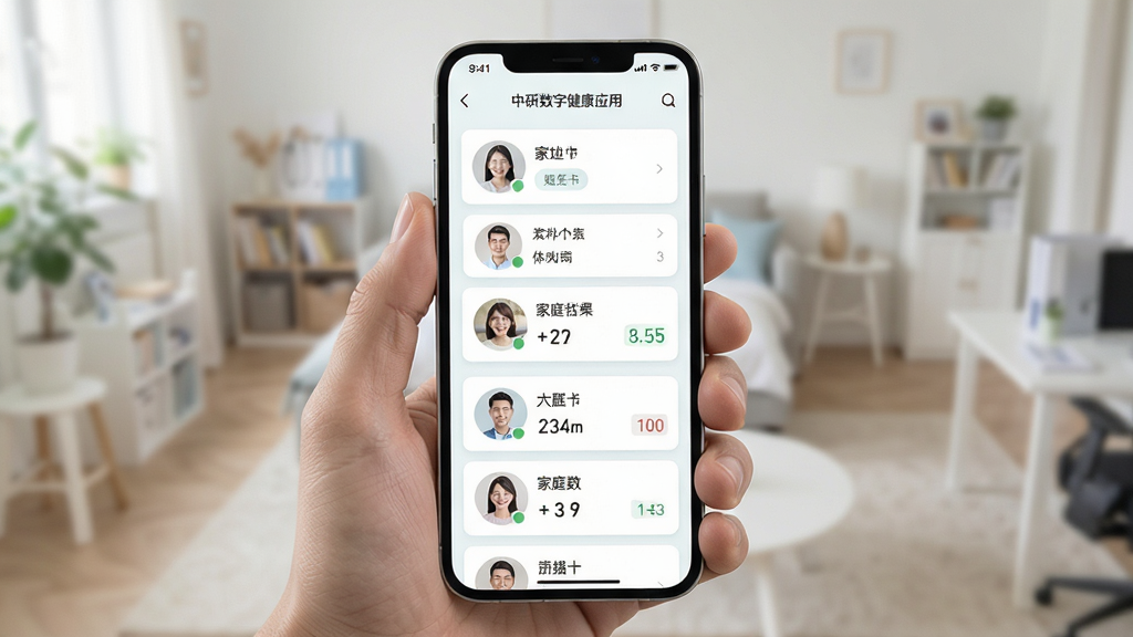 中研数字健康应用内健康档案管理界面,画面展示手机屏幕中多个家庭成员档案卡片整齐排列,主体为档案列表,布局居中,排版清晰,风格清爽浅色,细节包含头像、姓名标签、数据摘要,画质高清,干净,无多余元素