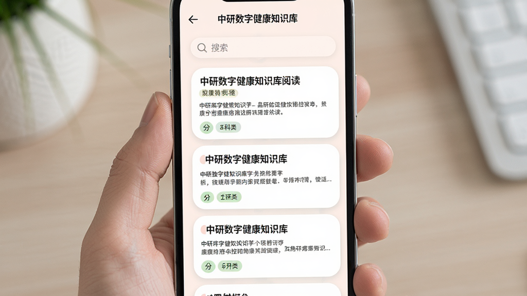 中研数字健康知识库阅读页面,画面展示手机屏幕内科普文章列表与搜索框,主体为内容卡片,布局纵向排列,排版规整,风格柔和圆角,细节包含标题、摘要、分类标签,画质高清,干净,无多余元素