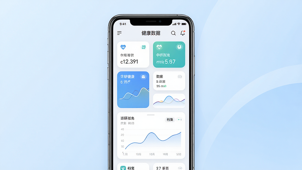 中研数字健康手机应用主界面预览图,画面中央展示一部智能手机,屏幕内呈现健康数据仪表盘与档案卡片布局,主体突出,背景为浅蓝色渐变,排版干净整洁,风格现代简约,细节包含图标、数值卡片、曲线图,画质高清,干净,无多余元素
