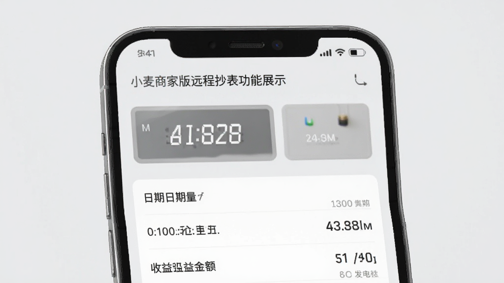 小麦商家版远程抄表功能展示,手机界面显示电表读数与账单列表,包含日期、发电量、收益金额等字段,背景为浅灰色,文字清晰,排版工整,整体风格素雅简约,高画质,无杂乱元素