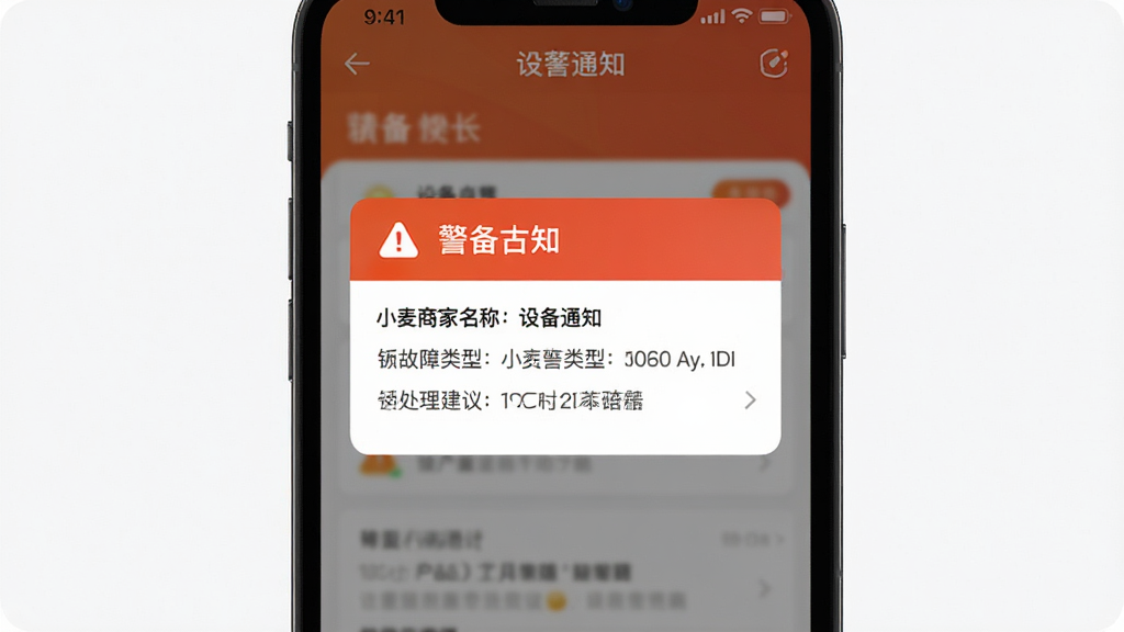 小麦商家版设备告警通知界面,手机屏幕弹出告警消息卡片,显示设备名称、故障类型与处理建议,界面采用橙红色警示色点缀,整体简洁清晰,风格专业,画质干净,无多余元素