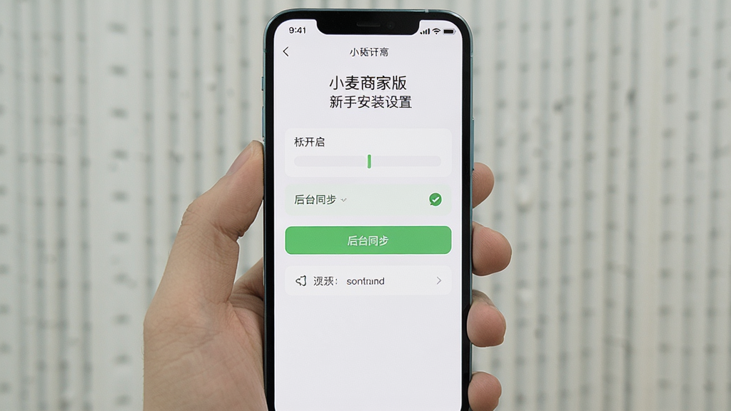 小麦商家版新手安装设置界面,手机屏幕显示权限开启与后台同步选项,界面采用浅色背景,文字清晰,布局简洁,风格清爽,画质干净,无多余元素
