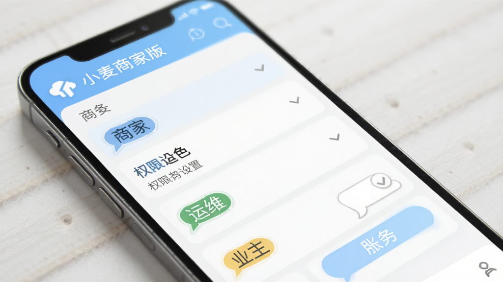 小麦商家版多角色权限管理界面,手机屏幕展示账号列表与权限设置选项,包含商家、运维、业主等角色标签,界面布局清晰,采用浅蓝色与白色搭配,风格商务简约,高画质,无多余元素