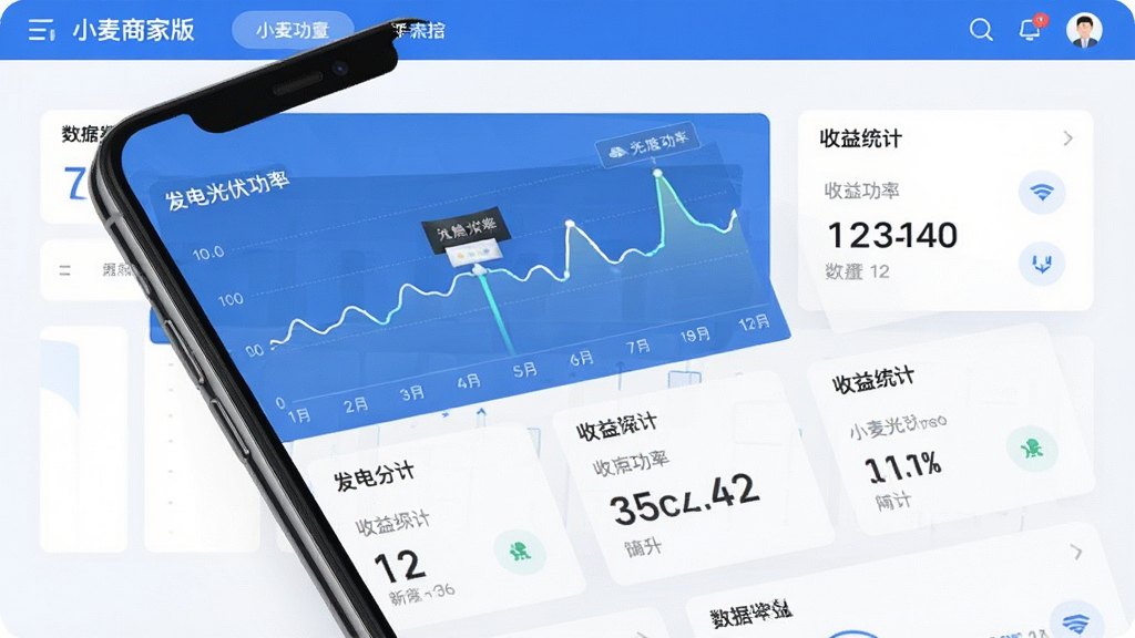 小麦商家版实时数据监控界面,手机屏幕展示多座光伏电站的发电功率折线图与收益统计卡片,界面采用蓝色与白色为主色调,数据图表清晰,布局整齐,风格简洁现代,画质干净,无多余装饰元素