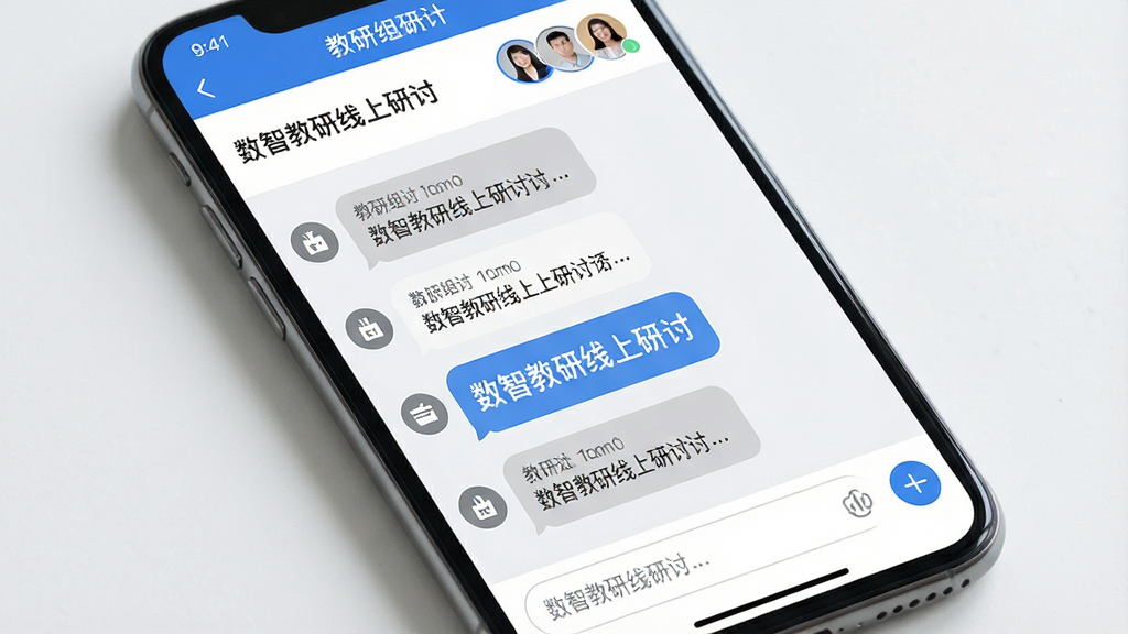 一张展示数智教研线上研讨界面的生图,画面主体为手机屏幕内显示教研讨论区,包含多条评论气泡与附件图标,顶部有教研组名称与成员头像,底部有输入框,整体风格现代简洁,配色以白灰蓝为主,细节清晰,画质干净,文字内容为“数智教研线上研讨”