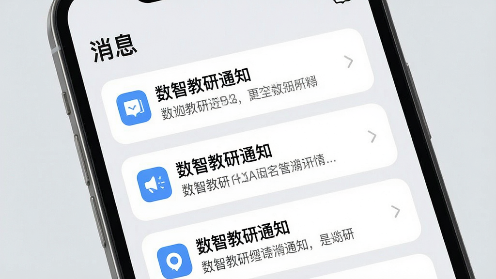 一张展示数智教研消息通知界面的生图,画面主体为手机屏幕内显示多条通知卡片,卡片包含图标与简短文字,顶部有“消息”标题,背景为浅灰色,卡片为白色圆角矩形,整体风格清爽,细节清晰,画质干净,文字内容为“数智教研通知”