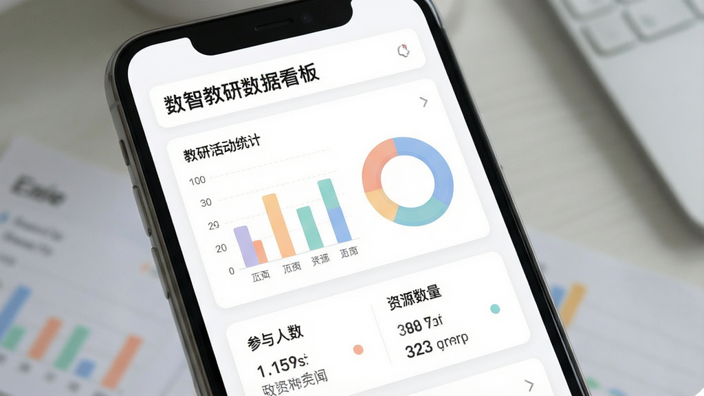 一张展示数智教研数据统计看板的生图,画面主体为手机屏幕内显示柱状图与环形图,图表颜色柔和,上方有“教研活动统计”字样,下方列出参与人数与资源数量,背景为白色卡片式布局,细节清晰,画质干净,文字内容为“数智教研数据看板”