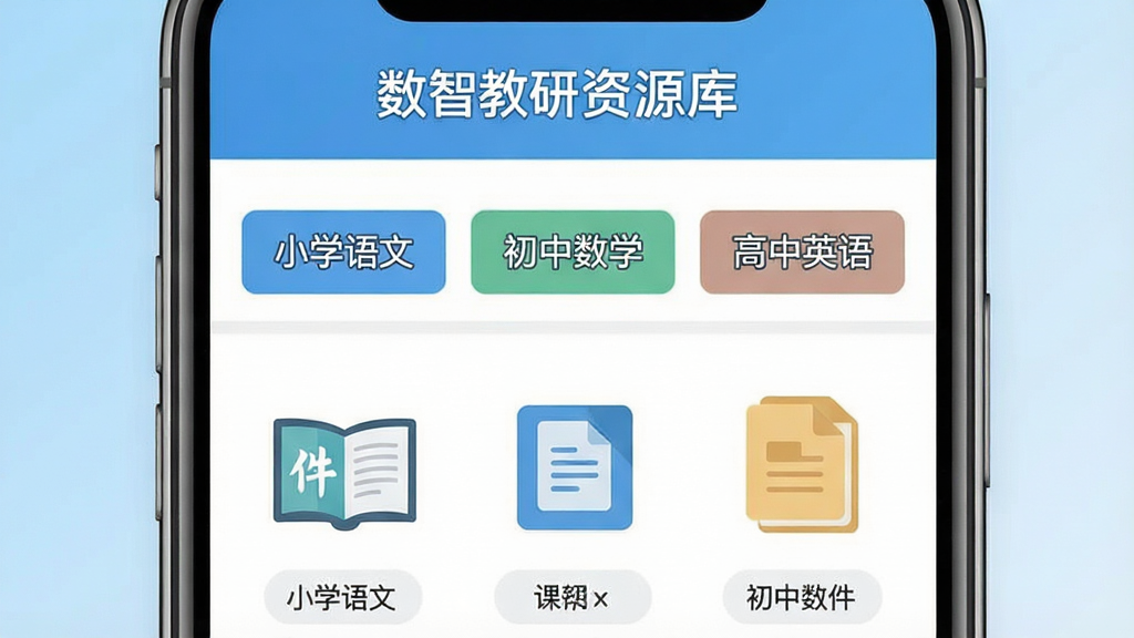 一张展示数智教研资源库分类界面的生图,画面主体为手机屏幕特写,屏幕内呈现清晰的资源分类标签如“小学语文”“初中数学”“高中英语”,下方排列着课件与文档图标,整体布局整齐,采用扁平化设计风格,背景为浅蓝色渐变,细节锐利,画质干净,文字内容为“数智教研资源库”