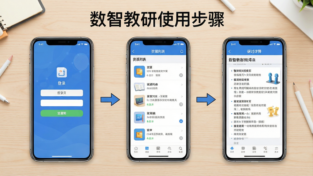 一张展示数智教研手机端操作步骤的示意图,画面主体为三部手机并排,分别显示登录页、资源列表页和研讨详情页,手机之间有箭头连接表示操作流程,背景为浅色木质桌面,风格简洁明快,细节清晰,画质干净,文字内容为“数智教研使用步骤”