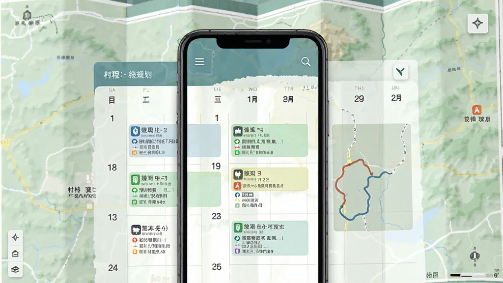 找村软件行程规划页面展示,手机屏幕中显示日历式行程表,标注了每日活动安排和路线图,背景是展开的乡村地图,风格商务简洁,画质清晰,干净无多余元素