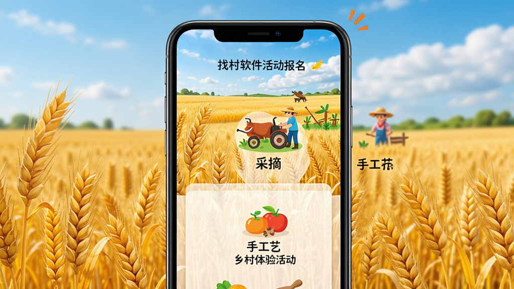 找村软件活动报名页面展示,手机屏幕中显示乡村体验活动列表,包含采摘、农耕、手工艺等图标和文字说明,背景是金黄色的麦田和蓝天,风格活泼生动,画质清晰,干净无多余元素