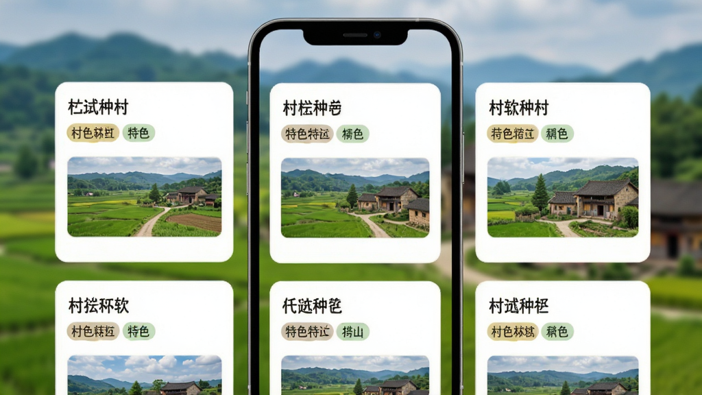 找村软件村落列表页面展示,手机屏幕中显示多个村落卡片,每个卡片包含村落名称、特色标签和缩略图,背景是模糊的乡村田园风光,风格简洁明快,画质清晰,干净无多余元素