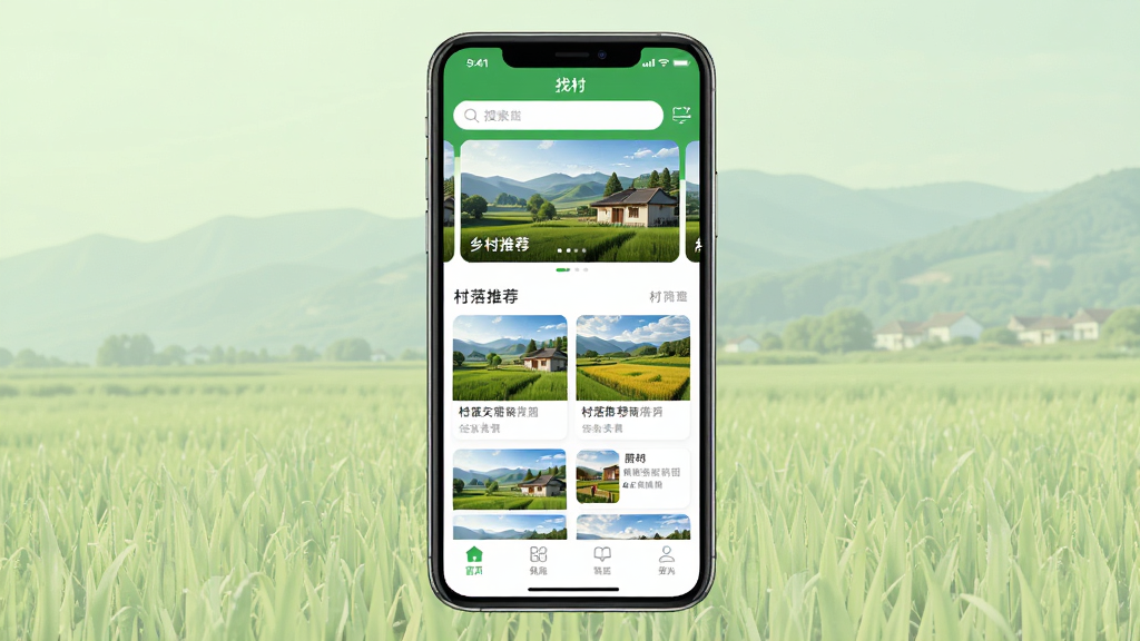 找村软件主界面全景展示,画面中央是手机屏幕,屏幕内显示找村APP首页,页面顶部有搜索框和乡村风景轮播图,中部是村落推荐卡片列表,底部是导航栏,背景为淡绿色田野与远山,风格清新自然,细节丰富,画质清晰,干净无多余元素