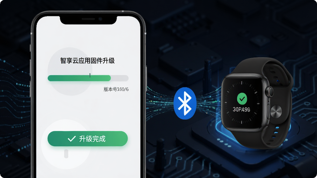 智享云应用固件升级界面,手机屏幕上显示升级进度条和版本号信息,手机与智能手表通过蓝牙图标连接示意,背景为深色科技风格,细节包含数据流动效果和升级完成提示,画质高,干净,无多余元素