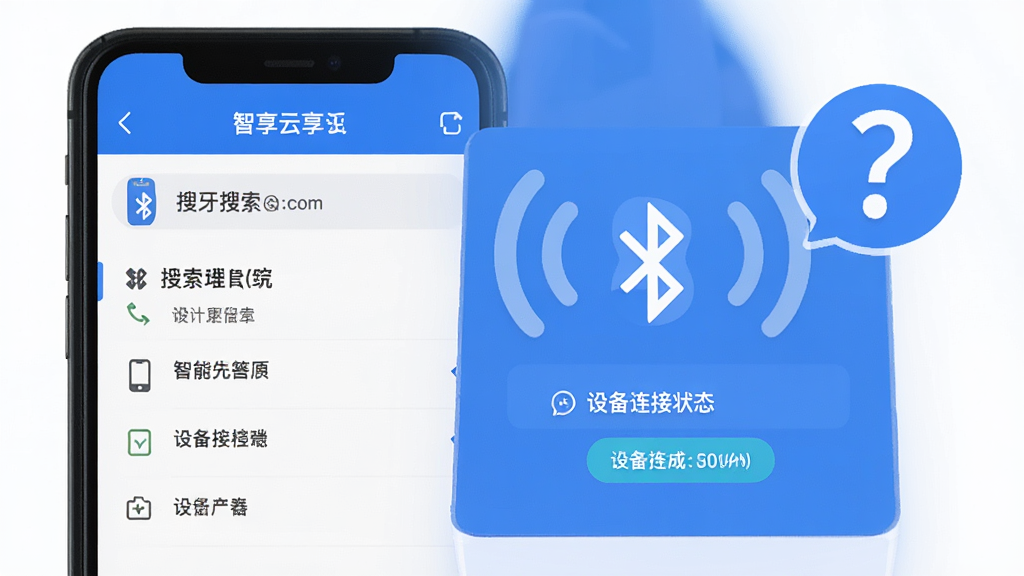 智享云应用连接故障排查界面示意图,手机屏幕上显示蓝牙搜索列表和设备连接状态,画面中有蓝牙信号波纹图标和问号提示,风格为扁平化信息图,细节清晰,画质高,干净,无多余元素