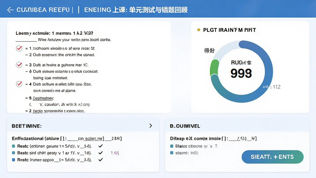 四年级英语上册单元测试与错题回顾界面,主体为测试卷面与得分展示,布局上方为题目下方为解析,排版清晰,风格干净利落,细节包含对错标记、分数圆环、错题本入口,画质高清,干净,无多余元素