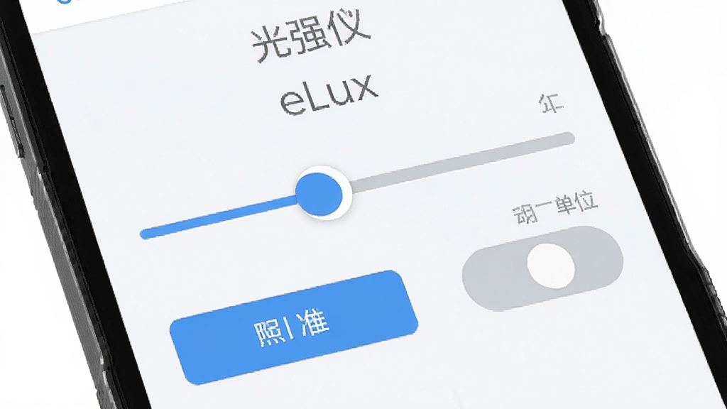 光强仪eLux设置与校准界面,手机屏幕上显示着校准滑块和单位切换选项,界面风格简约,按钮清晰,背景干净,画质细腻,无多余装饰