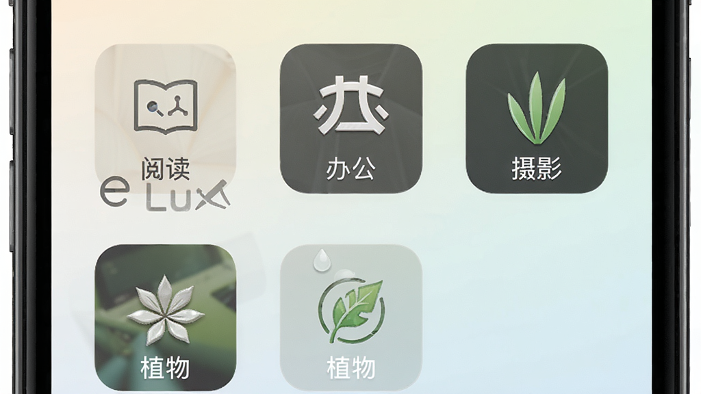 光强仪eLux多场景模式选择界面,手机屏幕上排列着阅读、办公、摄影、植物等模式图标,每个图标设计精致,背景为浅色渐变,画面风格清新,布局整齐,画质细腻,干净无多余元素