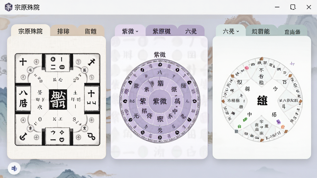 一张“宗原殊院”软件内多个排盘标签页并列展示的截图风格图片,包含八字盘、紫微盘、六爻盘,布局整齐,配色柔和,风格简约专业,画质干净
