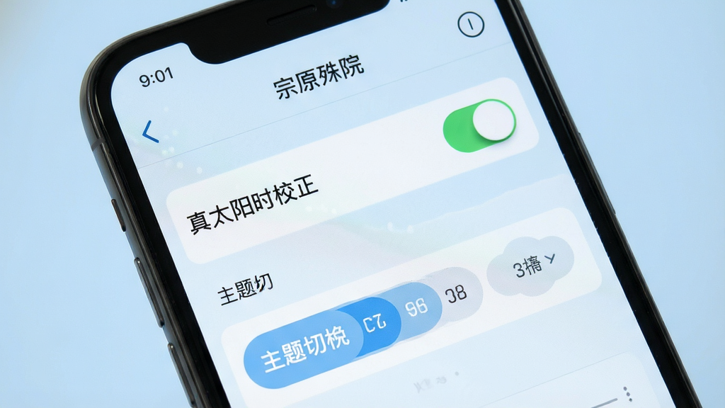 一张手机屏幕显示“宗原殊院”设置界面的图片,界面中有真太阳时校正开关、主题切换选项,背景为淡蓝色,风格清爽,细节清晰,画质干净