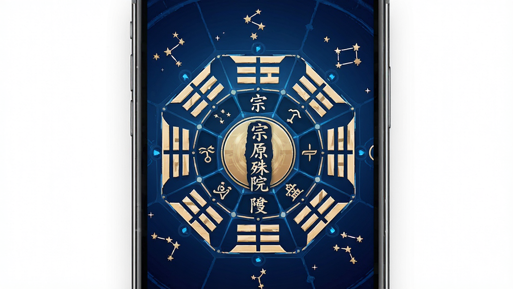 一张展示手机屏幕的图片,屏幕中央显示“宗原殊院”排盘界面,周围环绕着八卦符号和星宿图案,背景为深蓝色渐变,风格科技与传统结合,细节清晰,画质干净无多余元素
