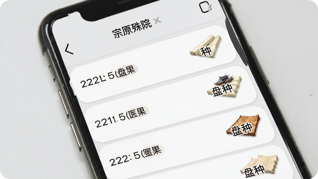 一张展示“宗原殊院”历史记录列表的手机界面图,列表项带有日期和盘种标签,背景为浅灰色,风格清爽,细节清晰,画质干净