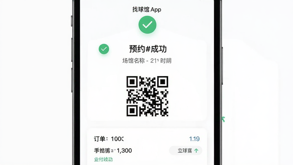 主体为找球馆APP的支付成功页面,布局为手机屏幕居中,屏幕中显示预约成功提示、场馆名称、时间段与电子二维码,排版简洁,风格现代扁平化,细节包括绿色对勾图标、订单信息卡片,画质高清,干净,无多余元素
