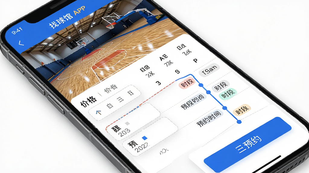 主体为找球馆APP的场馆详情页面,布局为手机屏幕特写,屏幕中展示篮球馆的场地照片、价格表与预约时间轴,排版清晰,风格明亮运动风,细节包括日期选择器、时段标签、预约按钮,画质高清,干净,无多余元素