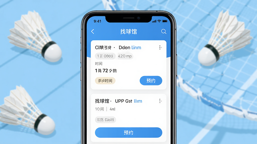 主体为一部智能手机屏幕,屏幕中显示找球馆APP的场馆列表界面,布局为手机居中放置,背景为浅蓝色运动场跑道与羽毛球元素,排版清爽,风格现代简约扁平化,细节包括场馆卡片、时间标签、预约按钮,画质高清,干净,无多余元素