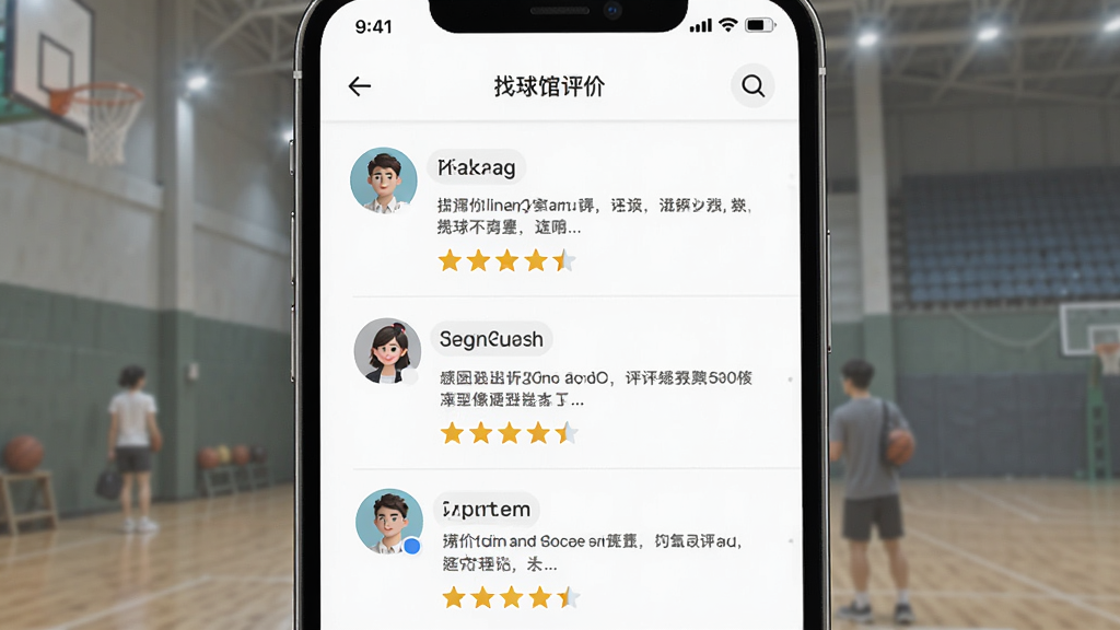 主体为找球馆APP的场馆评价页面,布局为手机屏幕展示用户评论列表与星级评分,排版整齐,风格清新简约,细节包括用户头像、评价文字、五角星评分,画质高清,干净,无多余元素