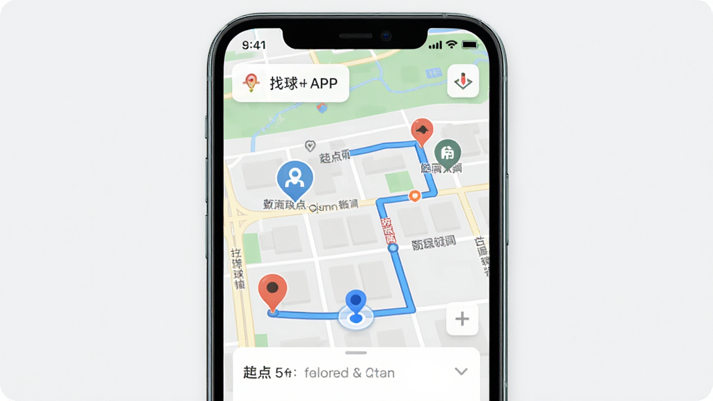 主体为找球馆APP的地图导航界面,布局为手机屏幕显示地图路线,地图上标注场馆位置与导航路径,排版直观,风格清爽地图风,细节包括起点终点标记、距离时间提示,画质高清,干净,无多余元素
