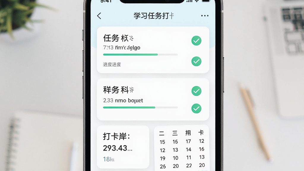 督上岸应用内学习任务打卡页面,显示多个科目任务卡片和完成勾选状态,主体为手机界面,布局上下排列,排版整齐,风格为清新浅色,细节包括进度条和打卡日历,画质清晰,干净,无多余元素