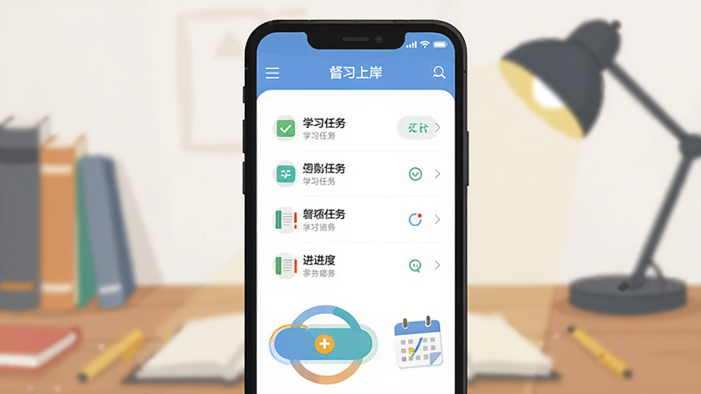 手机屏幕中央展示督上岸应用主界面,界面包含学习任务列表和进度环形图,背景是书桌和台灯,主体为手机,布局居中,排版简洁,风格为扁平化插画,细节包括打卡按钮和日历图标,画质清晰,干净,无多余元素