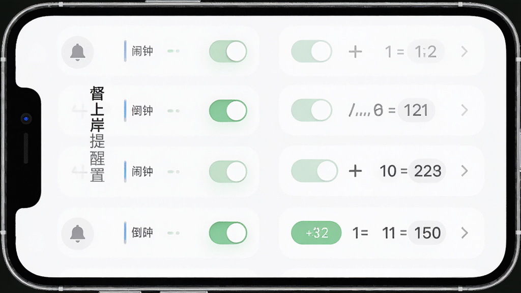 督上岸提醒设置界面,显示多个闹钟开关和倒计时选项,主体为手机界面,布局列表式,排版规整,风格为柔和圆角,细节包括铃铛图标和时间选择器,画质清晰,干净,无多余元素