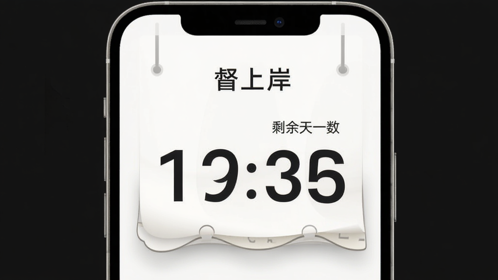 督上岸首页倒计时模块,显示距离考试剩余天数的大号数字,主体为手机屏幕,布局居中突出,排版简洁,风格为极简素雅,细节包括日历翻页效果,画质清晰,干净,无多余元素