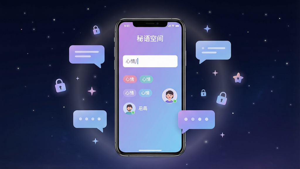画面中央放置一部智能手机,手机屏幕展示“秘语空间”应用界面,界面以柔和的紫蓝色渐变为主色调,包含文字输入框、心情标签、匿名头像等元素,手机周围环绕漂浮的对话气泡、锁形图标和星光点缀,背景为深色夜空与柔和光晕,整体布局简洁居中,风格现代清新,细节精致,画质高清,干净无多余元素。