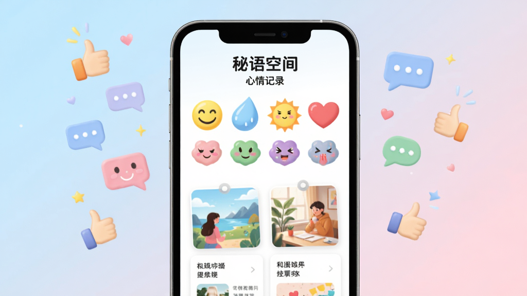 画面中央展示“秘语空间”心情记录页面,页面中包含多个彩色心情标签如笑脸、雨滴、太阳、爱心等,下方排列图文记录卡片,周围漂浮着点赞手势与对话气泡,背景为浅蓝色到浅粉色的柔和渐变,整体排版清晰有序,风格轻松活泼,细节丰富,画质高清,干净无多余元素。