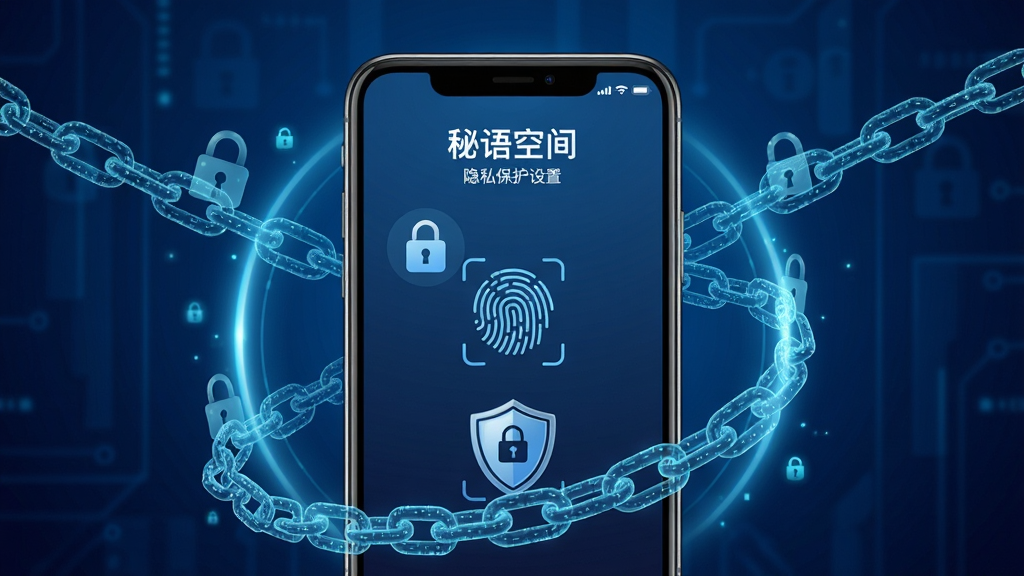 画面主体为一部智能手机,屏幕显示“秘语空间”隐私保护设置界面,界面中包含锁形图标、指纹识别图案、加密盾牌等元素,手机周围环绕数字锁链与安全光环,背景为深蓝色科技感渐变,整体布局居中,风格安全可靠,细节精致,画质高清,干净无多余元素。