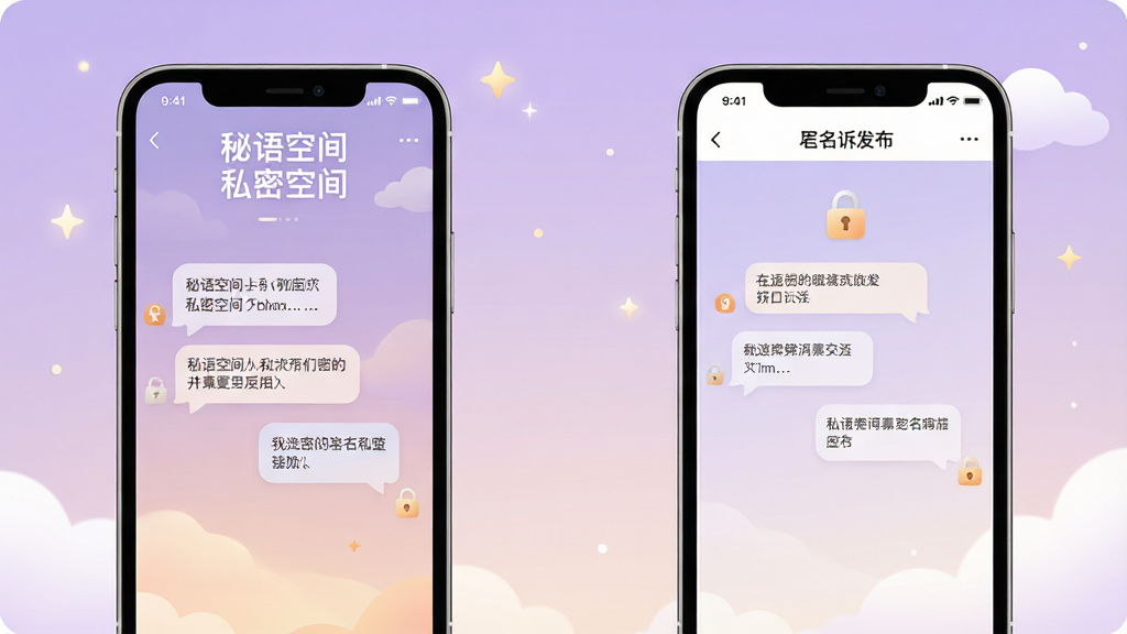 画面主体为两个并排的手机屏幕,左侧手机显示“秘语空间”私密空间界面,右侧手机显示匿名倾诉发布页面,屏幕中可见文字气泡与锁形图标,背景为柔和的浅紫色渐变,点缀少量星光与云朵元素,整体排版左右对称,风格温暖治愈,细节清晰,画质高清,干净无多余元素。